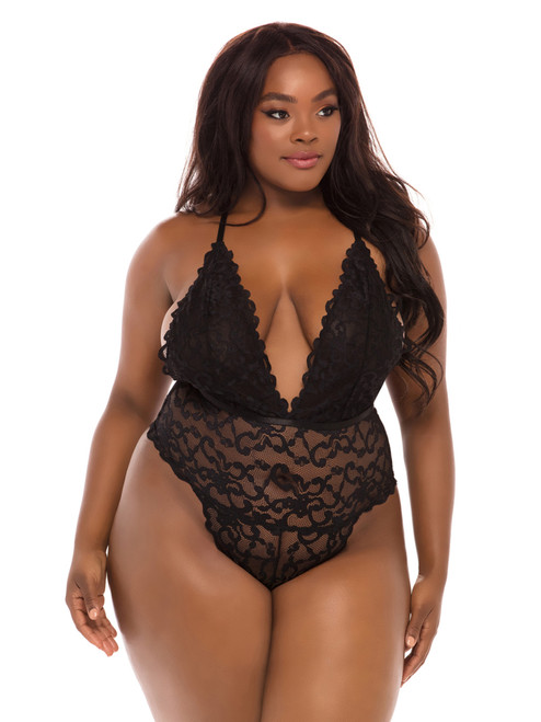 Plus Size Women Plus Size High Leg All Over Lace Teddy Lingerie Front View