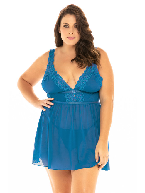 Plus Size Women Lace and Mesh Empire Waist Babydoll Lingerie Front View