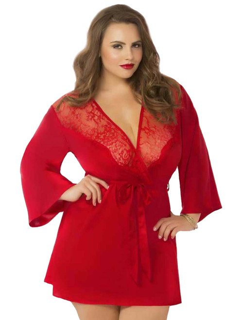 Womens Plus Size Red Satin and Lace Robe Sleepwear Front View 