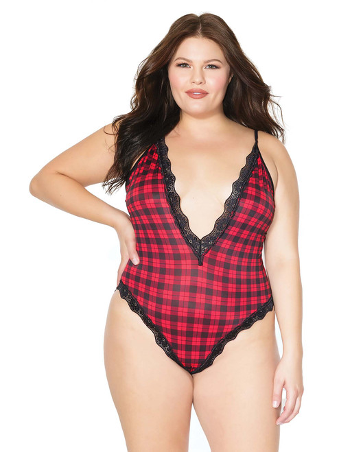 Plus Size Plaid Print V Neck Caged Back Teddy Bodysuit Lingerie