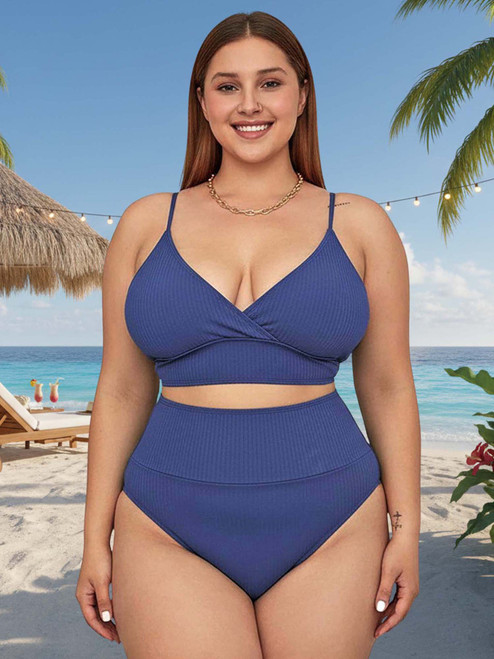 Womens Plus Size Blue Tie Back High Waist Solid Color Bikini Swimwear Set Front View