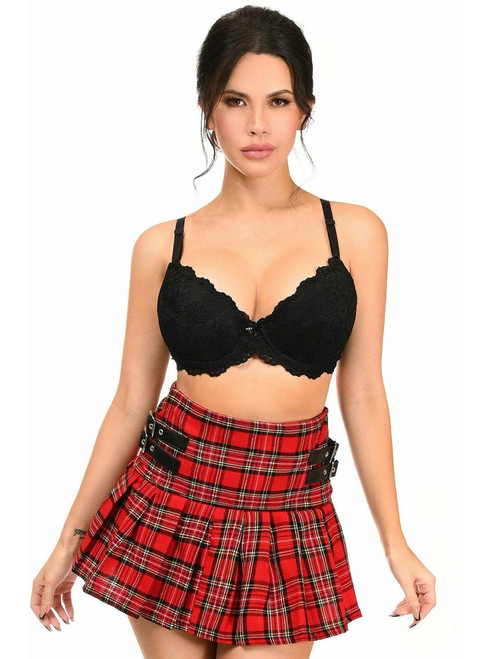 Womens Red Plaid Pleated Skirt with Buckles Front