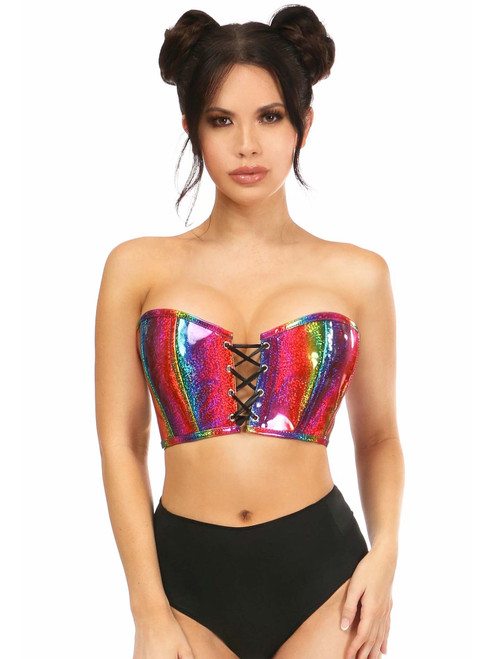 Women's Rainbow Glitter PVC Lace-Up Bustier Top Front