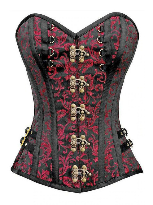 Black satin steel boned corset with front clasp closure