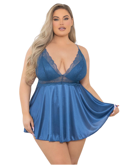 Plus Size Satin Lace Babydoll Set Front View Blue