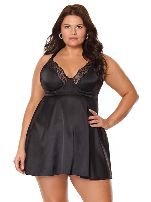 Coquette Women's Plus Size Underwire Babydoll and Thong Set Lingerie in Black Front View