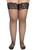 Close-up of plus size black fishnet thigh high stockings featuring a wide floral lace silicone stay-up band for a secure, no-slip fit.