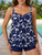 Plus Size Curvy Blue Floral Print Tie Back Cinch Fashion Swimsuit Tankini Set Side View