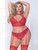 Women Plus Size Long Line Bra and Panty Gartered Red Lace Net Lingerie Bra Set