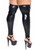 Close-up back view of black wet-look footless stockings with a high-shine finish and silicone stay-up lace-free band.