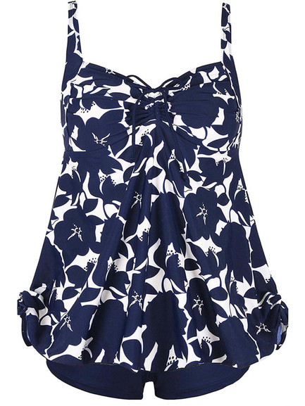 Plus Size Curvy Blue Floral Print Tie Back Cinch Fashion Swimsuit ...