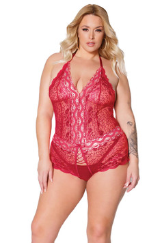 Metallic Lace Crotchless Teddy | Red Lace Plus Size Lingerie for BBW