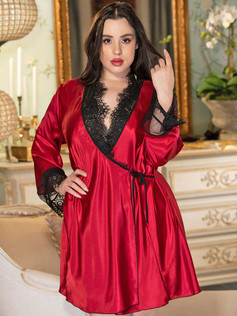 Shirley of Hollywood Plus Size Charmeuse and Eyelash Lace Holiday Robe Sleepwear