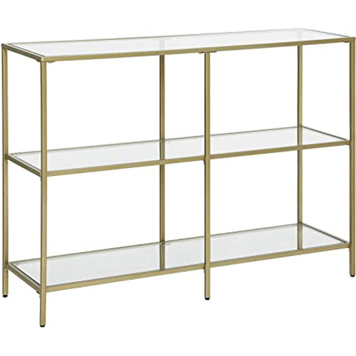 VASAGLE Console Table 3 Tier Tempered Glass Sofa Table for Modern Storage Shelf Golden LGT27G
