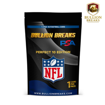 Bullion Breaks NFL Perfect 10 Edition Football Card Pack – sealed collectible featuring professionally graded PSA Gem Mint 10 cards. Premium packaging front view highlighting authenticity and rarity. Ideal for football card collectors and investors seeking high‑grade NFL trading cards from legendary players.