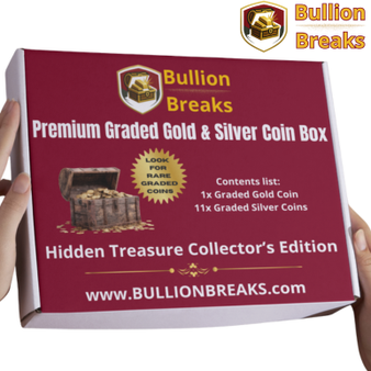 The Premium Graded Gold & Silver Coin Box by Bullion Breaks is presented in a sleek, matte black collector’s box with gold trim. Inside, the velvet-lined interior showcases one (1) graded gold coin and eleven (11) graded silver coins, each securely housed in transparent protective slabs. The coins are arranged neatly in rows, highlighting their shine and certified labels. The gold coin stands out at the center with its radiant hue, while the silver coins reflect a brilliant luster under soft studio lighting. The background is a deep navy blue with subtle highlights, creating a luxurious and trustworthy presentation. At the bottom, the Bullion Breaks logo and website are displayed in bold, metallic lettering, reinforcing authenticity and exclusivity.
