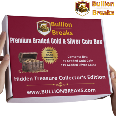 The Premium Graded Gold & Silver Coin Box by Bullion Breaks is presented in a sleek, matte black collector’s box with gold trim. Inside, the velvet-lined interior showcases one (1) graded gold coin and eleven (11) graded silver coins, each securely housed in transparent protective slabs. The coins are arranged neatly in rows, highlighting their shine and certified labels. The gold coin stands out at the center with its radiant hue, while the silver coins reflect a brilliant luster under soft studio lighting. The background is a deep navy blue with subtle highlights, creating a luxurious and trustworthy presentation. At the bottom, the Bullion Breaks logo and website are displayed in bold, metallic lettering, reinforcing authenticity and exclusivity.