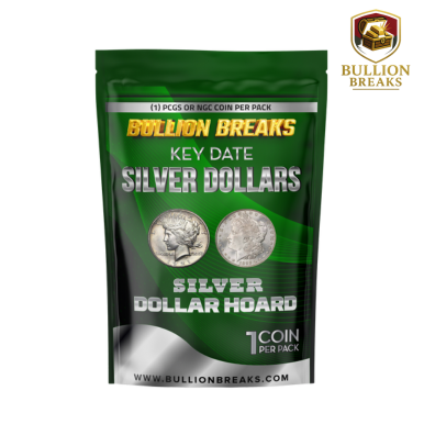 High-resolution retail packaging for Bullion Breaks Key Date Silver Dollar Hoard, featuring bold branding and collectible coin imagery. The front of the pack displays two iconic silver dollars — a 1923 Peace Dollar and an 1893 Morgan Dollar — both PCGS or NGC certified. The design includes gold and black accents with the phrases “Key Date Silver Dollars” and “Silver Dollar Hoard” prominently printed. Each pack contains one certified silver dollar coin, with no guaranteed date or grade. The bottom of the packaging includes the official website: www.bullionbreaks.com. Ideal for coin collectors, investors, and Whatnot streamers seeking rare U.S. silver coins.