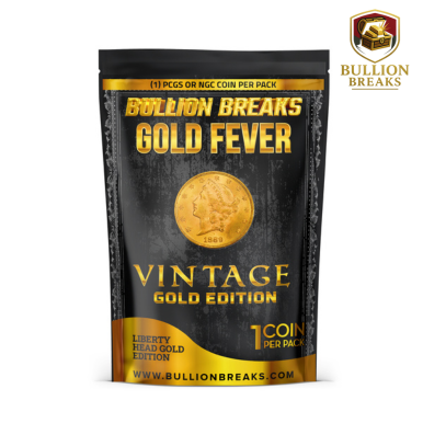 Premium packaging for Bullion Breaks' Vintage Gold Edition – Gold Fever Series. The black and gold pack features ornate silver detailing and showcases a certified Liberty Head gold coin dated 1888. Text highlights key product features: one PCGS or NGC certified gold coin per pack, no guaranteed date or grade, and a strictly limited production run of 500 packs. Available coin denominations include $1, $2.50, $5, $10, and $20. A collectible investment in historic U.S. gold coins. Visit www.bullionbreaks.com for details.