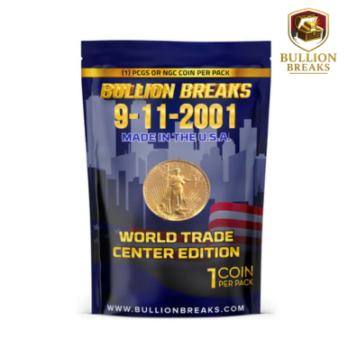 Bullion Breaks 9/11 World Trade Center Edition Coin Pack — This commemorative coin pack features one PCGS or NGC-certified U.S. coin per sealed pack. The packaging showcases a gold American Eagle coin with Lady Liberty, set against a dark blue background with a city skyline silhouette and American flag motif. Labeled “Made in the U.S.A.” and “World Trade Center Edition,” this collectible honors 9/11 and is ideal for coin collectors, investors, and patriotic memorabilia enthusiasts.