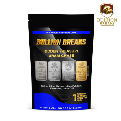 Bullion Breaks Hidden Treasure Series – sealed mystery pack containing 1 gram of gold or silver. Premium packaging front view with treasure-themed design, ideal for Whatnot auctions and collectors seeking small-format bullion surprises. Includes certified gold or silver pieces in a compact, giftable format.