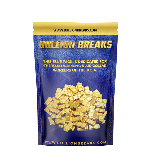 Bullion Breaks Blue Pack Gold Edition  
The Bullion Breaks Blue Pack Gold Edition features premium packaging in bold blue with striking gold accents, showcasing a pile of gold bars at its center. Designed as a tribute to America’s hardworking blue‑collar workers, this collectible pack combines luxury presentation with authentic precious metal value. Each pack contains one genuine gold bar or round, making it a limited‑edition product ideal for collectors, investors, and gift‑givers. With only 1,000 packs produced, the Blue Pack Gold Edition stands out as a rare opportunity to own real gold in a visually stunning presentation.