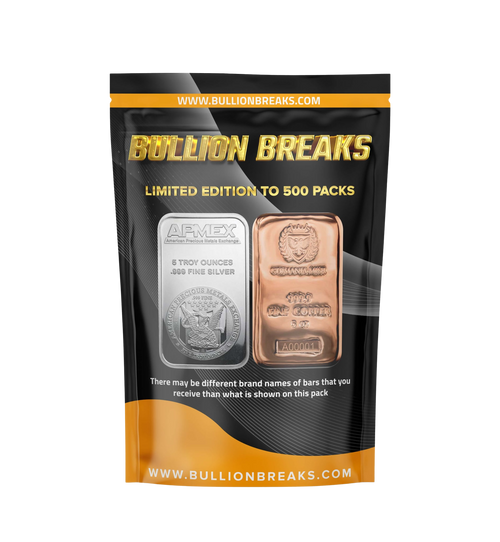 Bullion Breaks Silver & Copper Pack, 5 oz silver bar, 5 oz copper bar, APMEX silver, Germania Mint copper, collectible bullion, limited edition bullion, investment silver, investment copper, precious metals pack, bullion collectors, bullion investment.