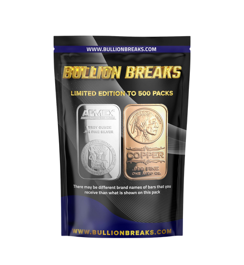 Bullion Breaks pack featuring 1 oz APMEX silver bar and copper bullion, sealed in collectible packaging.