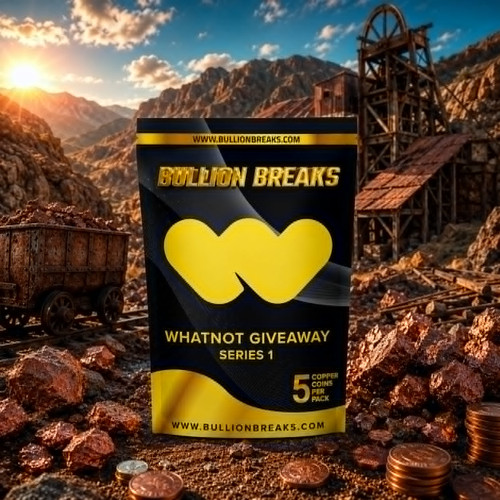 Bullion Breaks Whatnot Giveaway Series 1 Copper Coin Pack featuring 5 copper coins per pack in 2x2 safety flips, with classic U.S. copper coin designs including Wheat cents, Indian Head cents, Large cents, Half cents, Flying Eagle cents, and 2 Cent pieces.