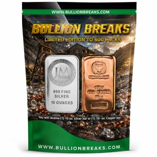 Bullion Breaks Limited Edition 10 oz Silver or Copper Bar Mystery Pack featuring one 10 oz .999 fine silver bar or one 10 oz .9999 fine copper bar, shown in premium black, green, and gold bullion packaging with a silver and copper mine background.