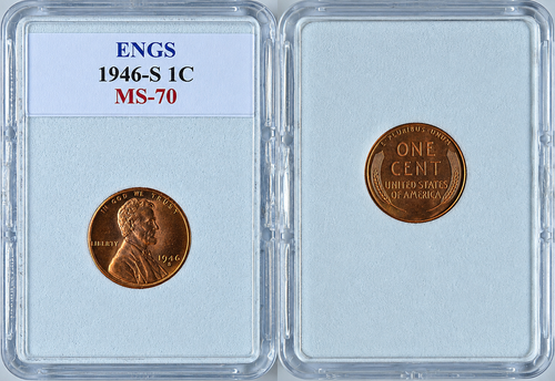 This 1946-S Lincoln Wheat Cent is a classic collectible from the post-World War II era. The obverse features Abraham Lincoln with “IN GOD WE TRUST,” “LIBERTY,” and the 1946 date. The “S” mint mark identifies the coin as being struck at the San Francisco Mint.

The reverse displays the traditional wheat stalk design, along with “ONE CENT,” “UNITED STATES OF AMERICA,” and “E PLURIBUS UNUM.”

The coin is housed in a protective holder labeled ENGS MS-70, making it a distinctive addition to a Lincoln Wheat Cent collection, vintage U.S. coin collection, or certified coin display.

Please review the photos carefully. The photographs show the actual coin and holder you will receive.