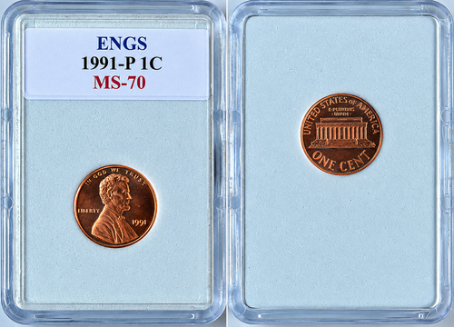 This 1991-P Lincoln Memorial Cent features the iconic portrait of Abraham Lincoln on the obverse, with “IN GOD WE TRUST,” “LIBERTY,” and the 1991 date.

The reverse displays the historic Lincoln Memorial design, accompanied by “UNITED STATES OF AMERICA,” “E PLURIBUS UNUM,” and “ONE CENT.”

The P mint mark identifies this as a Philadelphia issue. The coin is housed in a protective holder with an ENGS MS-70 grade designation, making it a great addition to a Lincoln Cent collection, modern U.S. coin set, or certified coin display.

Please review the photos carefully. The photographs show the actual coin and holder you will receive.