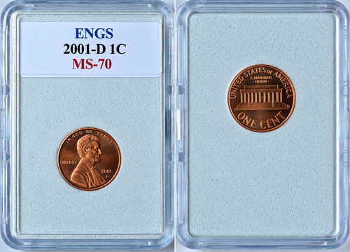 This 2001-D Lincoln Memorial Cent features the iconic portrait of Abraham Lincoln on the obverse, along with “IN GOD WE TRUST,” “LIBERTY,” and the 2001 date with the D mint mark.

The reverse showcases the historic Lincoln Memorial, surrounded by “UNITED STATES OF AMERICA,” “E PLURIBUS UNUM,” and “ONE CENT.”

The coin is housed in a protective holder bearing the ENGS MS-70 grade designation. This piece is a great addition to a Lincoln Cent collection, certified modern coin set, U.S. coin collection, or display.

Please review the photos carefully. The photographs show the actual coin and holder you will receive.