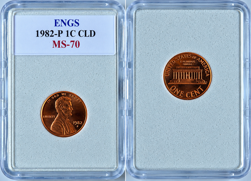 This 1982-P Lincoln Memorial Cent features the classic portrait of Abraham Lincoln on the obverse, with “IN GOD WE TRUST,” “LIBERTY,” and the 1982 date.

The reverse displays the iconic Lincoln Memorial, accompanied by “UNITED STATES OF AMERICA,” “E PLURIBUS UNUM,” and “ONE CENT.”

This example is housed in a protective holder with an ENGS MS-70 grade designation. The 1982 Lincoln Cent is an especially interesting date for collectors because 1982 marked the transition in the composition of the Lincoln Cent.

A great addition to Lincoln Cent collections, modern U.S. coin collections, or certified coin displays.