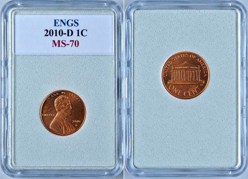 This 2010-D Lincoln Cent features the classic portrait of Abraham Lincoln on the obverse, with “IN GOD WE TRUST,” “LIBERTY,” and the 2010 date with the Denver D mint mark.

The reverse showcases the Union Shield design, introduced for the Lincoln Cent in 2010. The shield represents the United States as one nation and is accompanied by “E PLURIBUS UNUM,” “UNITED STATES OF AMERICA,” and “ONE CENT.”

The coin is presented in a protective holder labeled ENGS MS-70, making it a distinctive addition to a modern Lincoln Cent collection or certified coin display.

A great choice for Lincoln Cent collectors, modern U.S. coin enthusiasts, or anyone building a collection of certified examples.