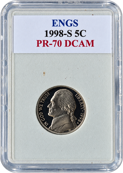 1998-S Jefferson Nickel PR-70 DCAM ENGS graded proof coin featuring Thomas Jefferson