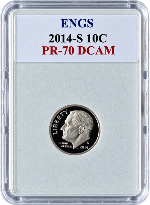 2014-S Roosevelt Dime PR-70 DCAM ENGS graded proof coin featuring Franklin D. Roosevelt