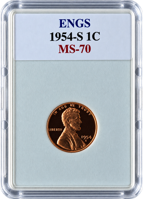 1954-S Lincoln Wheat Cent MS-70 ENGS graded coin featuring Abraham Lincoln