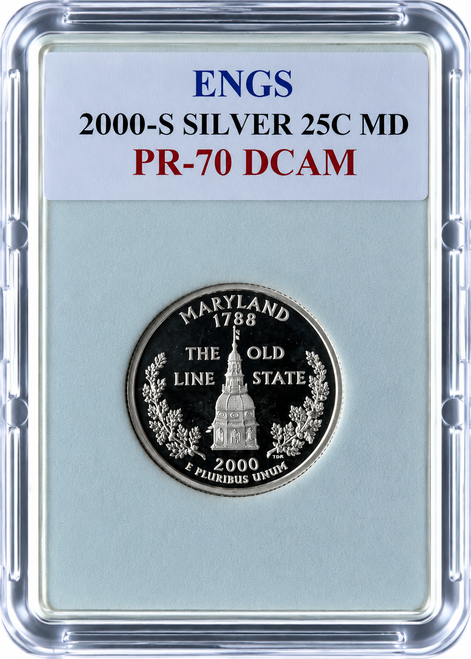 2000-S Silver Maryland State Quarter PR-70 DCAM ENGS graded proof coin featuring George Washington