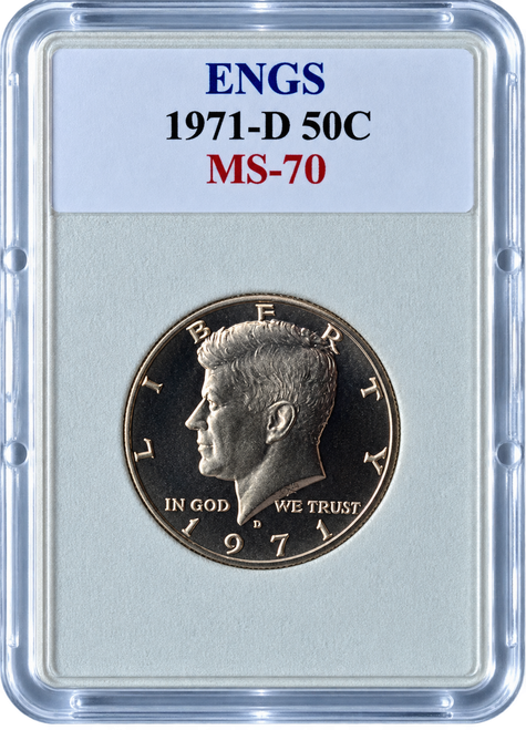 1971-D Kennedy Half Dollar MS-70 ENGS graded coin featuring John F. Kennedy