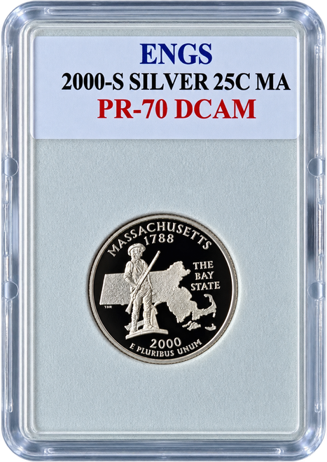2000-S Silver Massachusetts State Quarter PR-70 DCAM ENGS reverse featuring the Massachusetts Minuteman