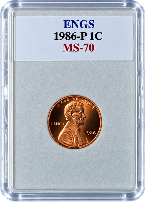 1986-P Lincoln Memorial Cent MS-70 ENGS graded coin featuring Abraham Lincoln