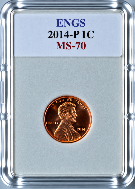 2014-P Lincoln Shield Cent MS-70 ENGS graded coin featuring Abraham Lincoln