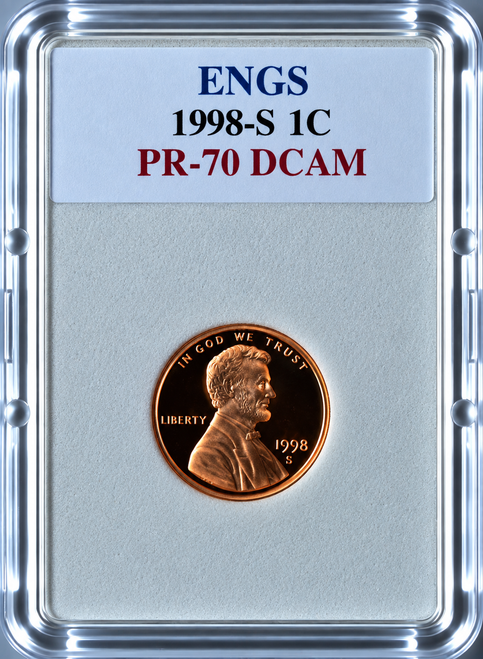 1998-S Lincoln Memorial Cent PR-70 DCAM ENGS graded proof coin featuring Abraham Lincoln