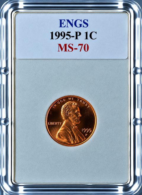 1996-D Lincoln Memorial Cent MS-70 ENGS graded coin featuring Abraham Lincoln
