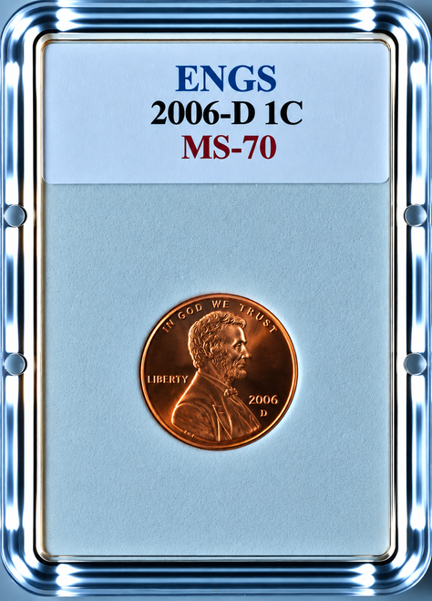 2006-D Lincoln Memorial Cent MS-70 ENGS graded coin featuring Abraham Lincoln