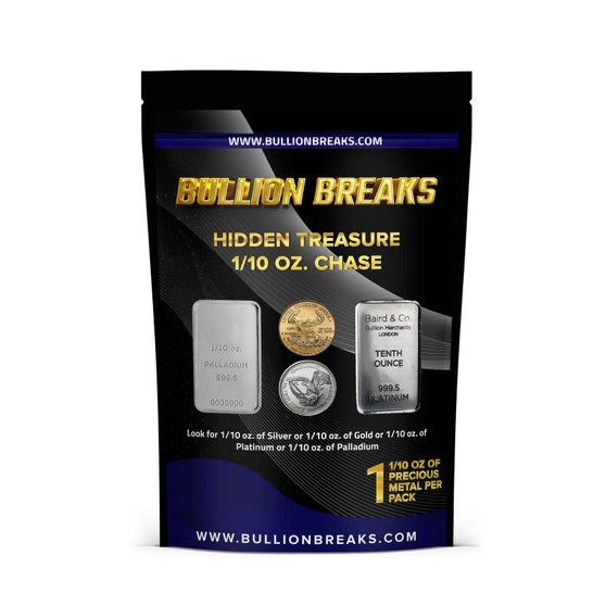 Bullion Breaks Hidden Treasure Series – sealed mystery pack containing 1/10 oz of gold or silver. Premium packaging front view with treasure-themed design, perfect for Whatnot auctions and collectors seeking small-format bullion surprises. Includes authentic, certified precious metal pieces in a compact, giftable format.