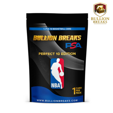 Bullion Breaks PSA NBA Perfect 10 Edition Basketball Card Pack – sealed collectible featuring professionally graded PSA Gem Mint 10 cards. Premium packaging front view highlighting authenticity and rarity. Ideal for basketball card collectors and investors seeking high‑grade NBA trading cards from iconic players.