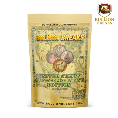 High-quality retail packaging for Bullion Breaks Commemorative Coin Edition, designed in sleek black with gold accents. The front of the pack prominently displays certified commemorative coins graded by PCGS or NGC, with bold text reading “Commemorative Coin Edition” and “Bullion Breaks”. The packaging highlights that each pack contains one certified commemorative coin, with no guaranteed date or grade. Limited production emphasizes exclusivity, appealing to coin collectors and investors seeking rare U.S. commemorative issues. The official website www.bullionbreaks.com is printed at the bottom, reinforcing authenticity and brand trust.
