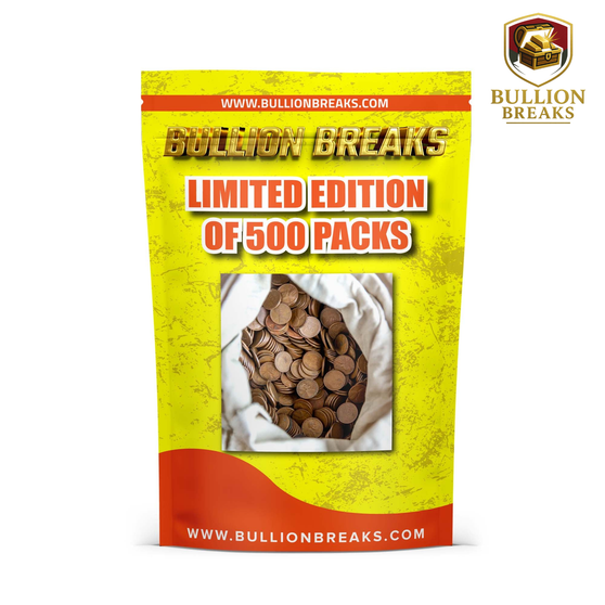 Promotional packaging for Bullion Breaks Limited Edition coin pack. The design features a bold yellow background with red accents and includes the text "LIMITED EDITION OF 500 PACKS" and "WWW.BULLIONBREAKS.COM." A central image displays a cloth sack overflowing with copper-colored coins, emphasizing the collectible nature of the product. Ideal for coin collectors and numismatic enthusiasts seeking exclusive, limited-run coin packs.